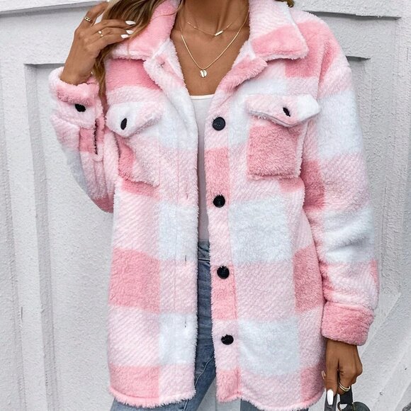 Jackets & Blazers - Pink Casual Women's Plaid Soft Fur Regular Fit Coat